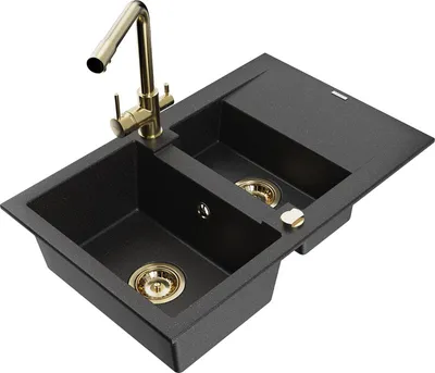 Produktbild von Mexen Gaspar 1,5-Becken-Granitspüle mit Abtropffläche und Mischbatterie Duero, Schwarz/Silber - 6507-73-671600-50