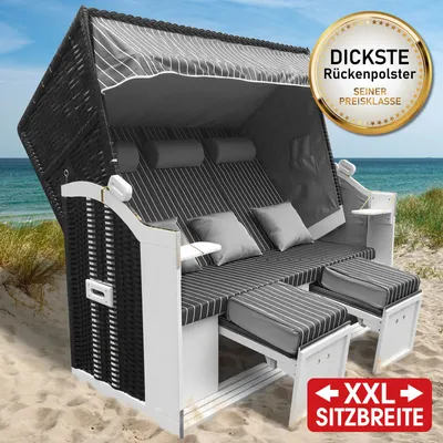 Produktbild von BRAST Strandkorb Usedom 3-Sitzer XXL für 2-3 Personen 165cm breit inkl. wetterfeste Abdeckhaube verstellbare Rückenlehne Fußkissen Anthrazit/Grau - gestreift