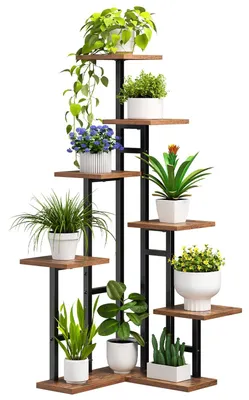 Produktbild von 7-stufiger Pflanzenständer, 120 cm hoch, Zimmerpflanzenständer, quadratisches Pflanzenregal, Blumenhocker, Blumenregal für Wohnzimmer, Balkon, Vintage-Braun und Schwarz EBF01HJ01