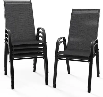Imagen del producto de Juego de 6 sillas de jardín apilables, sillas de comedor para exteriores con respaldo alto, sillas resistentes a la intemperie con tejido transpirable, estructura de metal robusta, ideales para balcón, terraza y jardín, con capacidad de hasta 180 kg, color