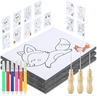 Immagine prodotto di Set di 3 aghi da feltro per bambini, set da 3 pezzi, con 3 feltri, 14 immagini da ricamare e 6 pennarelli ad acquerello