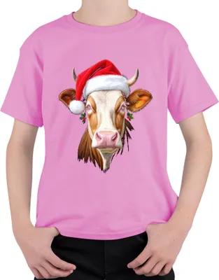 Produktbild von Weihnachtskuh Nikolausmütze Bauernhof Geschenk niedlich lustig Uni Kinder T-Shirt, Pink, 128