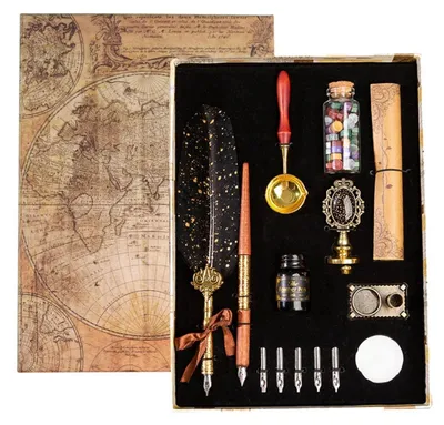 Immagine prodotto di Set per calligrafia con penna e inchiostro, timbro per sigilli in cera, penna stilografica vintage, carta da lettera, confezione regalo nera