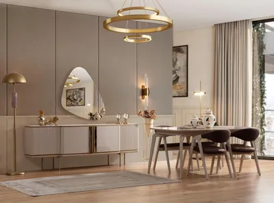 Immagine prodotto di Mobili in legno set da pranzo di design tavolo da pranzo beige 4x sedie credenza