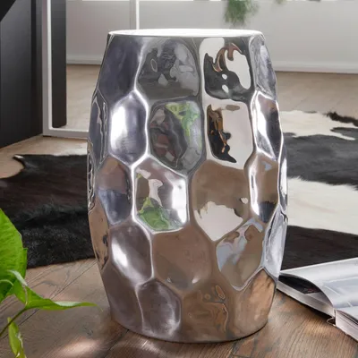 Produktbild von WOHNLING Beistelltisch 30x47x30cm Aluminium Silber Dekotisch orientalisch rund Kleiner Hammerschlag Abstelltisch Designer Ablagetisch Metall modern