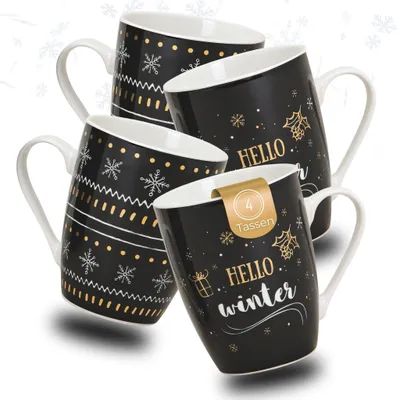 Productafbeelding van Moderne kerstbekers, set van 4, goudkleurig, zwart, met tekst