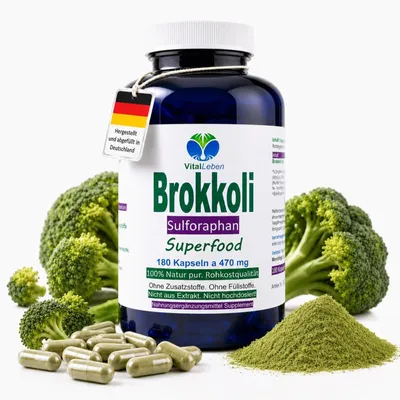 Produktbild von Brokkoli Broccoli 180 Kapseln - Sulforaphan & Indol-3-Carbinol - Antioxidantien & Vitamine C E K, B-Komplex + Calcium Magnesium Eisen Selen