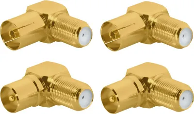 Produktbild von ARLI 4x TV Winkeladapter vergoldet – IEC 9,5 mm 2x Stecker & 2x Buchse auf F-Kupplung | 90° Koax Adapter Set DVB-T2 DVB-C2