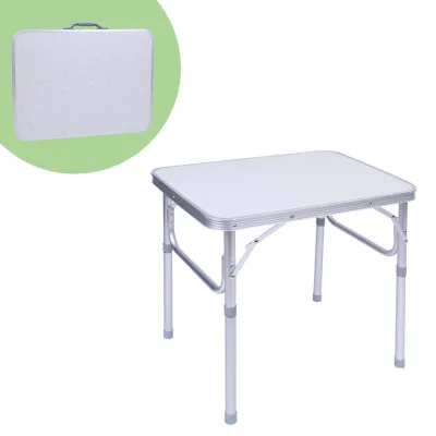 A folded and an unfolded camping table.