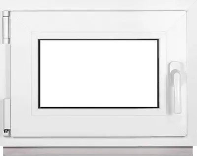 A white window frame with a clear glass pane and a white handle.