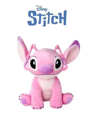 A pink plush toy of the character Stitch from Disney's Lilo & Stitch, sitting on a white background with the Disney Stitch logo above it.