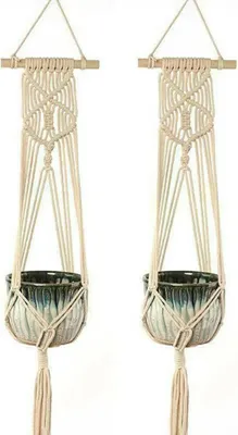 Produktbild von 2 Stücke Makramee Blumenampel, Baumwollseil Hängeampel Blumentopf Robust Makramee Pflanzenhalter Blumenampel Handgewebt Pflanzenhänger für Balkon Gartendekor, Beige