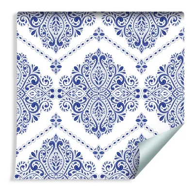 Zdjęcie produktu dla Tapeta Do Przedpokoju NIEBIESKIE Ornamenty Vintage Dekoracja ścienna z modnym efektem 3D