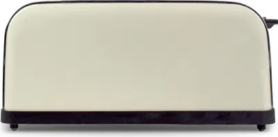 A cream-colored toaster with a black base is shown from the front on a white background.