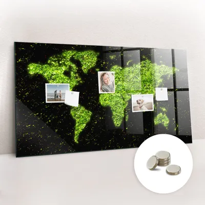 Obrázok produktu pre Magnetická tabuľa na stenu - Memo Tabuľa Sklenená - vrátane 5 magnetov - 120x60 cm - Mapa sveta