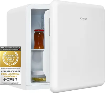 A white mini-fridge with its door open, showing a jar of honey and a container of food inside. A German customer award badge is attached to the left side of the fridge.