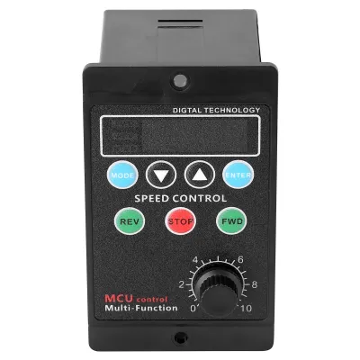 A black electronic speed controller with a digital display and various buttons and a dial.