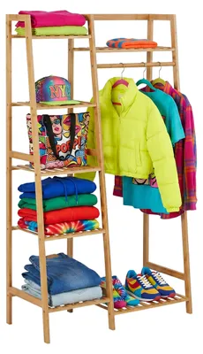 Produktbild von Relaxdays Kleiderständer, Bambus, 7 Ablagen, Kleiderstange, HxBxT: 140 x 80,5 x 38,5 cm, Flur, Garderobenständer, natur