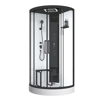 Obrázek produktu pro Sprchový komplet Marwell parní sprchový kout Spa Round 95x95x218cm - prefabrikovaná sprcha v kompletní sadě s akrylátovou vaničkou a baterií - s LED dešťovou sprchou - rádio a Bluetooth