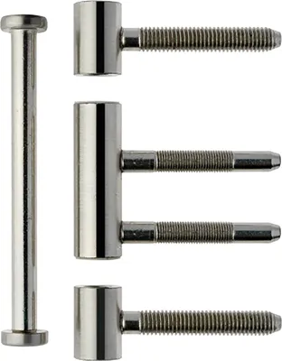 A set of three metal hinges and a separate metal pin, all with threaded ends, arranged against a white background.