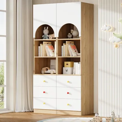 Zdjęcie produktu dla Wielopoziomowy regał na książki Flieks, zestaw 2 sztuk z trzema szufladami i trzema półkami, z ceramicznymi uchwytami, regał do przechowywania 100×50×200 cm, biały