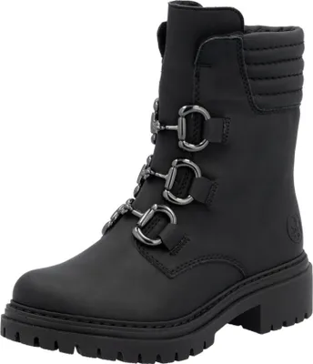A black leather boot with decorative buckles.