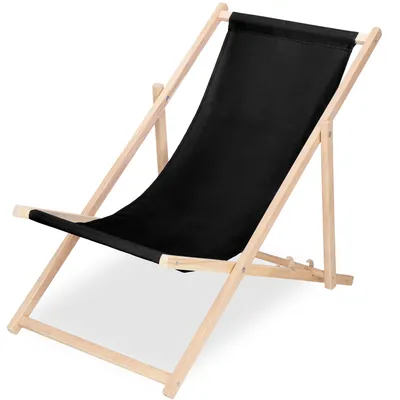 A black fabric deck chair with a wooden frame, shown from a slight angle against a white background.