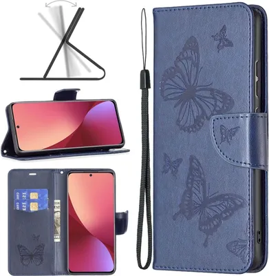 A collage of images showing a blue butterfly-embossed phone case, a phone inside the case, and a stand feature.