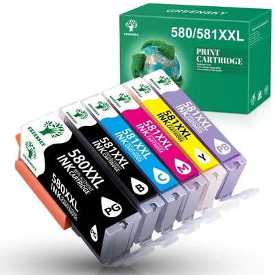 A set of five ink cartridges and a product box for printer ink.
