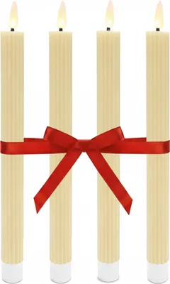 Produktbild von Relaxdays LED Stabkerzen, 4er Set, HxD: 25 x 2 cm, flackernde Flamme, Echtwachs, Rillen, flammenlose Kerzen, beige