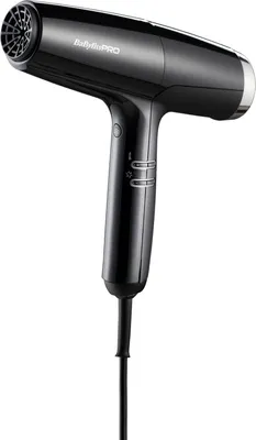 A black BaBylissPRO hair dryer is shown against a white background.