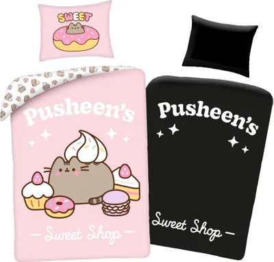A collection of Pusheen-themed bedding and pillow items displayed against a white background.