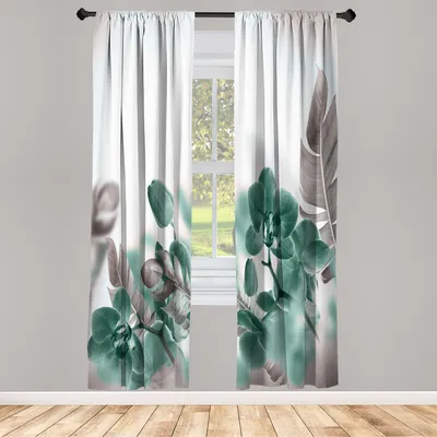 Produktbild von ABAKUHAUS Tropisch Vorhänge 2 Panel Set für Wohnzimmer Schlafzimmer Dekor, Exotische Orchideen Blüten Blätter Auf Unscharfen Hintergrund Floral Themed Moderne Kunst, 150 cm x 225 cm, Jadegrün