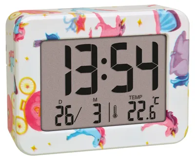 Produktbild von TFA Dostmann Unicorn Kinder Wecker Mini, 60.2044.41, mit Datum und Innentemperatur, Weckalarm, batteriebetrieben, für Kinderzimmer, Schultüten, Einhor