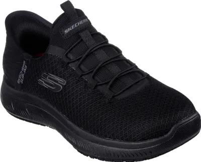 A black Skechers slip-on sneaker is shown from a side angle against a white background.