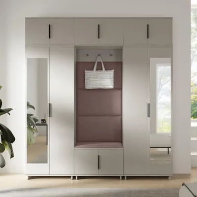 Produktbild von Garderoben-Set Napoli Version 2:Kleiderschrank mit Polsterpaneelen, Schuhschrank, Hängeschrank für Flur und Eingangsbereich (Cashmere/Trinity 06)