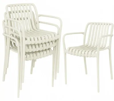 Produktbild von Gartenstühle 4er Set Stapelbare Terrassenstühle mit Lamelldesign Armlehnen, Ergonomisch Cremeweiß