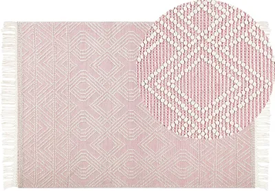 Produktbild von BELIANI Teppich Rosa u. Weiß aus Wolle 160 x 230 cm Rechteckig mit Fransen im Boho Stil Geometrisches Muster für Wohnzimmer Schlafzimmer Kinderzimmer