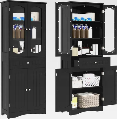 Produktbild von Badezimmerschrank, Hochschrank mit Schublade, 4 Türen & verstellbaren Abalgen, 60 x 30 x 160 cm, Aufbewahrungsschrank für Badezimmer, Flur, Küche & Wohnzimmer (Schwarz, mit Schublade)