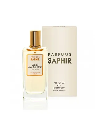 A bottle of Saphir Cool Pour Femme Eau De Parfum Spray and its packaging are displayed against a white background.
