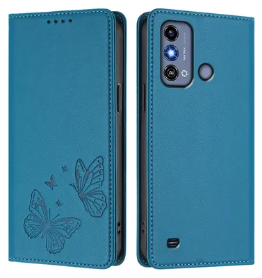 Image de Étui en cuir pour ZTE Blade A53, motif papillon, étui à rabat avec porte-appareil, bleu