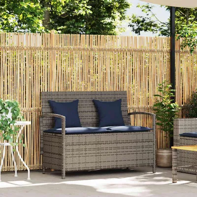 Image de vidaXL Banc de jardin avec espace de rangement et coussins Gris Poly Rattan