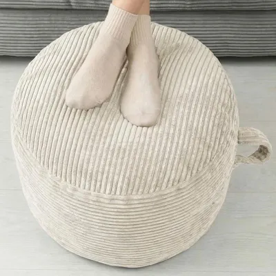 Obrázek produktu pro (Kulatý, béžový) Protiskluzová podnožka typu ottoman, měkké žebrované flanelové čalounění, 50 x 35 cm, pohodlná a stabilní, ideální do obývacího pokoje, ložnice a kanceláře