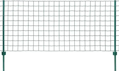 A green metal fence with two posts.