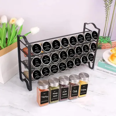 Immagine prodotto di Scaffale per spezie - Portaspezie da appoggio - 3 ripiani - 24 barattoli per spezie da 120 ml - Acciaio inossidabile e vetro - Coperchi in acciaio inossidabile - Nero