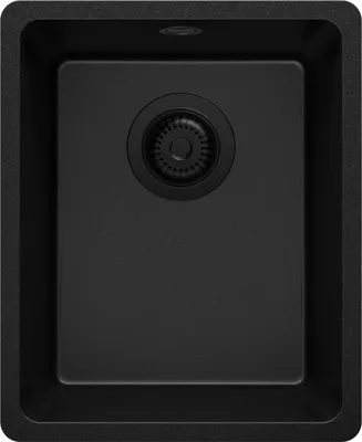 A top-down view of a black kitchen sink with a drain.