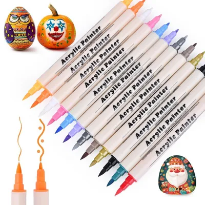 Zdjęcie produktu dla Zestaw 12 markerów akrylowych, wodoodpornych, z podwójną końcówką, do użytku na kamieniach, szkle, papierze i drewnie, w wielu kolorach