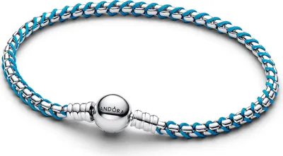 A close-up studio shot of a Pandora bracelet on a white background.