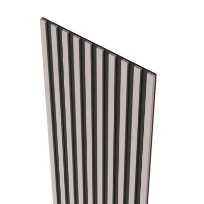 Productafbeelding van MEBANO. Akoestische panelen, hout, 265 x 53 cm, kleur: zandgrijs. Wandpanelen, houten wandpanelen, moderne lamellenwand met vilten achtergrond, MDF wandbekleding