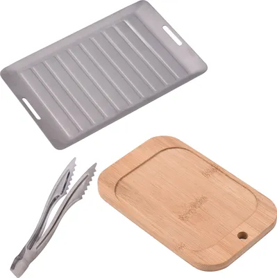 Obrázok produktu pre 3PCS Ti Camping Grill Pan BBQ Tongs and Bamboo Cutting Board Set Non-Stick for 1 Person Camping and Home Grilling